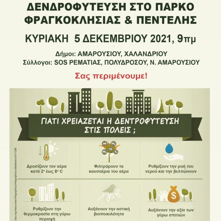 Την Κυριακή 5 Δεκεμβρίου πάμε για δενδροφύτευση στο Πάρκο Φραγκοκλησιάς και Πεντέλης