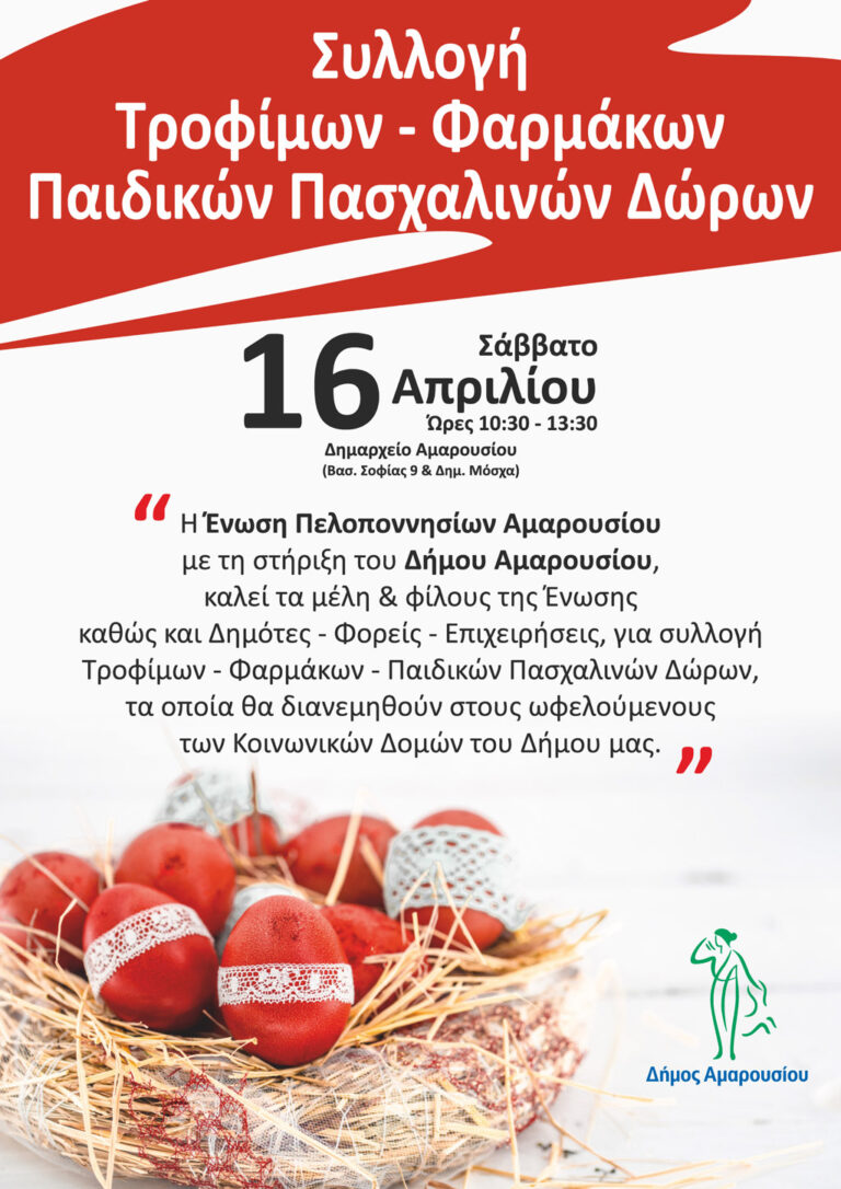 Συλλογή Τροφίμων – Φαρμάκων – Παιδικών Πασχαλινών Δώρων από την Ένωση Πελοποννησίων