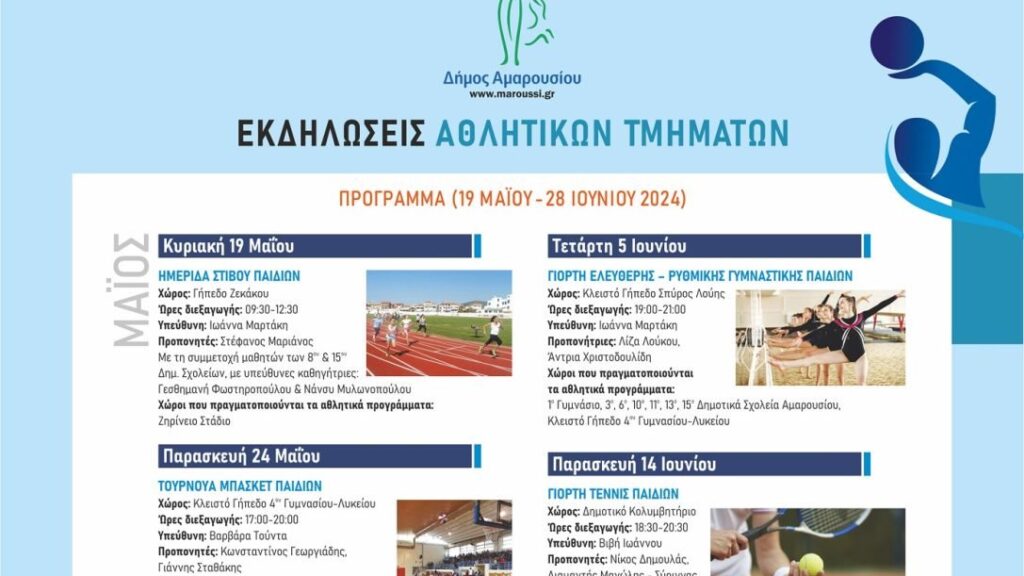Πρόγραμμα Εκδηλώσεων Αθλητικών Τμημάτων Δήμου Αμαρουσίου, 19 Μαΐου ως 28 Ιουνίου 2024
