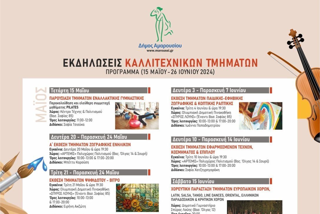 Πρόγραμμα Εκδηλώσεων Καλλιτεχνικών Τμημάτων Δήμου Αμαρουσίου, 15 Μαΐου ως 26 Ιουνίου 2024